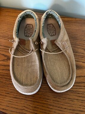 Hey Dude Tan Canvas Slip-On Shoes with White Speckled Sole